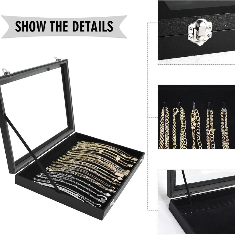 Black Velvet Necklace Organizer Box with Clear Lid - Picture 2 of 5
